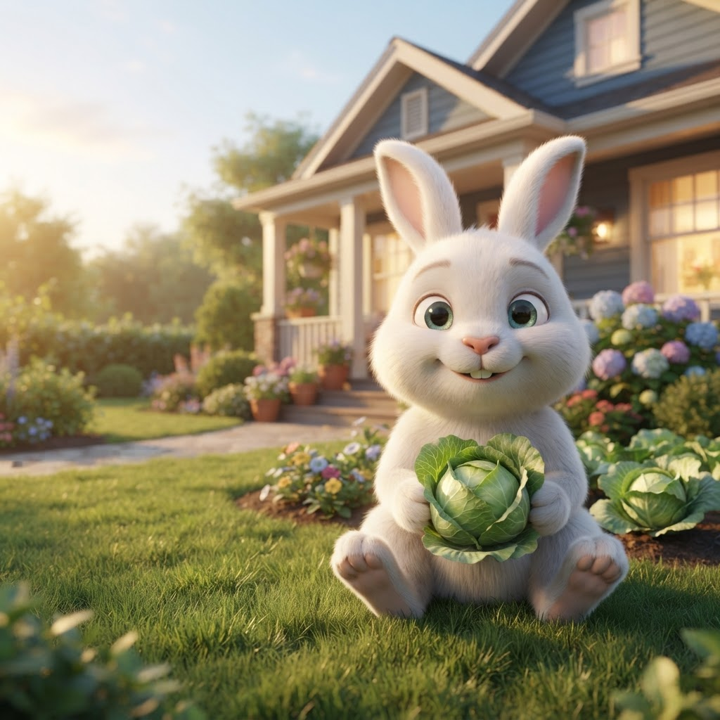Friendly animated bunny eating a cabbage beside a home for sale